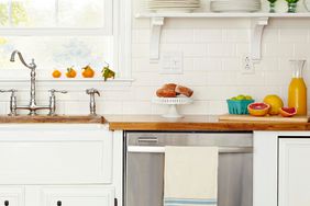 white kitchen shelves with silver dishwasher 