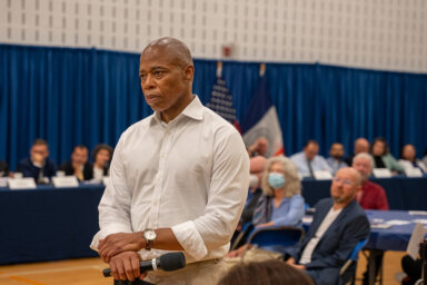 Mayor Eric Adams speaks about migrant crisis at Manhattan town hall