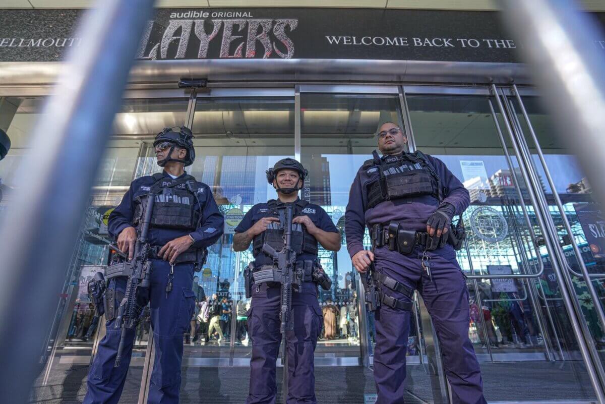 NYPD Counterterrorism Unit patrols the area outside of the Jacob Javits Center during this weekend’s New York Comic Con.