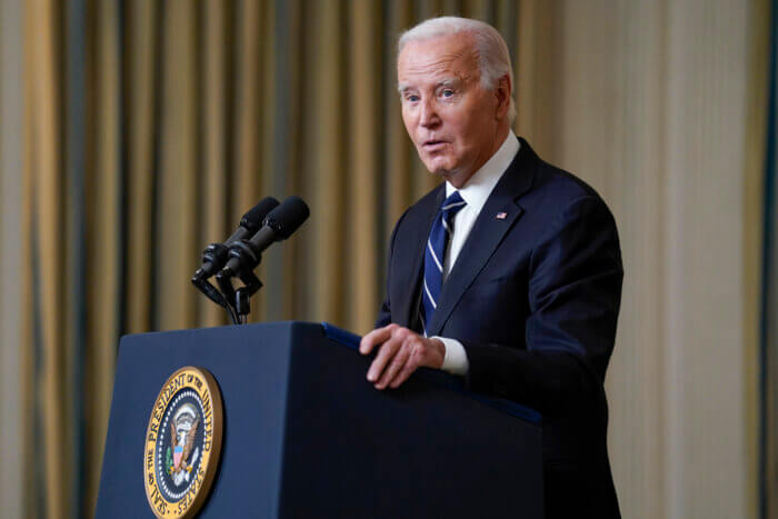 President Joe Biden speaks Tuesday, Oct. 10, 2023, in the State Dining Room of the White House in Washington, about the war between Israel and the militant Palestinian group Hamas.
