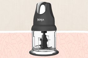 The Ninja Food Chopper on a two toned pink and tan patterned background