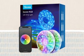 collage of Govee RGB LED Strip Light box, product, and phone app on colorful background