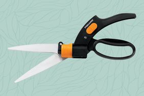 Fiskars ShearEase Grass Shears displayed on a blue patterned background