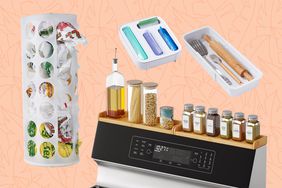 Collage of space saving kitchen items we recommend on a leafy peach background