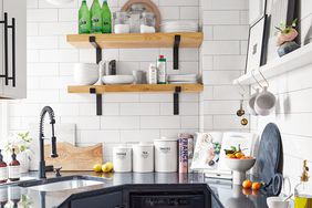 black and white kitchen open wooden shelf