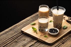 boba tea on wooden cutting board