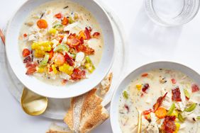 Chicken bacon soup with baguette