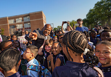 Mayor Eric Adams welcomes students back to school in the Bronx