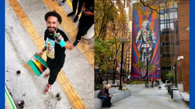 Eduardo Kobra (l), the street artist behind pieces such as "Genius Is To Bike Ride." (r)
