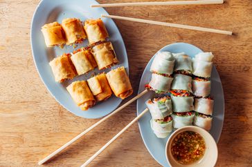 platter of cut fried spring rolls