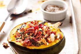 Gluten-Free Wild Rice-Stuffed Acorn Squash with Cranberries and Pancetta