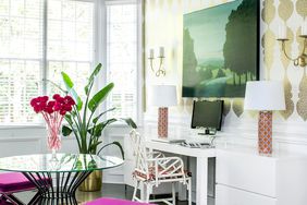 home office with gray ceiling and gold wallpaper