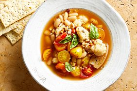 white bowl of Italian White Beans with Cauliflower soup