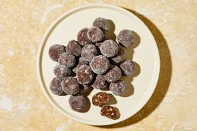 Bourbon balls on white plate