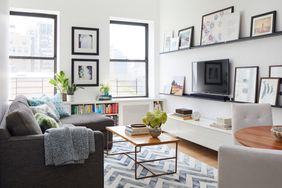 living room with gallery shelves and l shaped couch