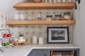 pantry with wood shelves