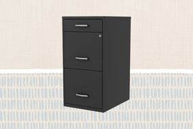 The Hirsch Industries 3 Drawer Vertical File Cabinet over a sand color patterned background