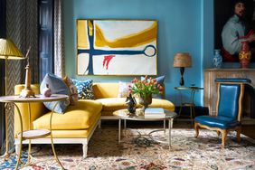 living room with yellow suede sofa