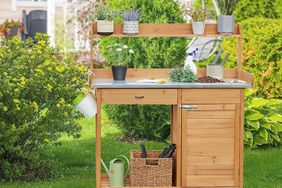 Yaheetech Outdoor Garden Potting Bench Table Work Bench Metal Tabletop W/Cabinet Drawer Open Shelf Natural Wood